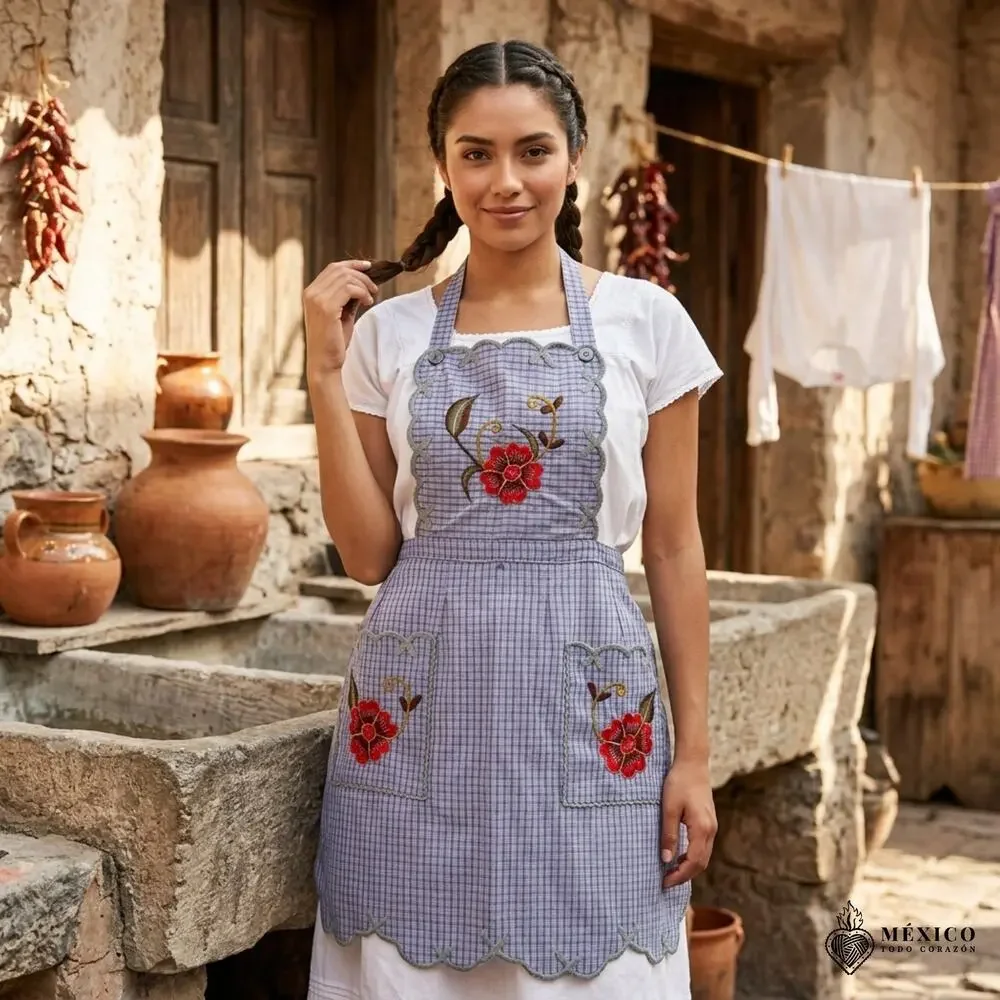 Mexican Embroidered Bib Apron for Women – Multicolor with Floral Design